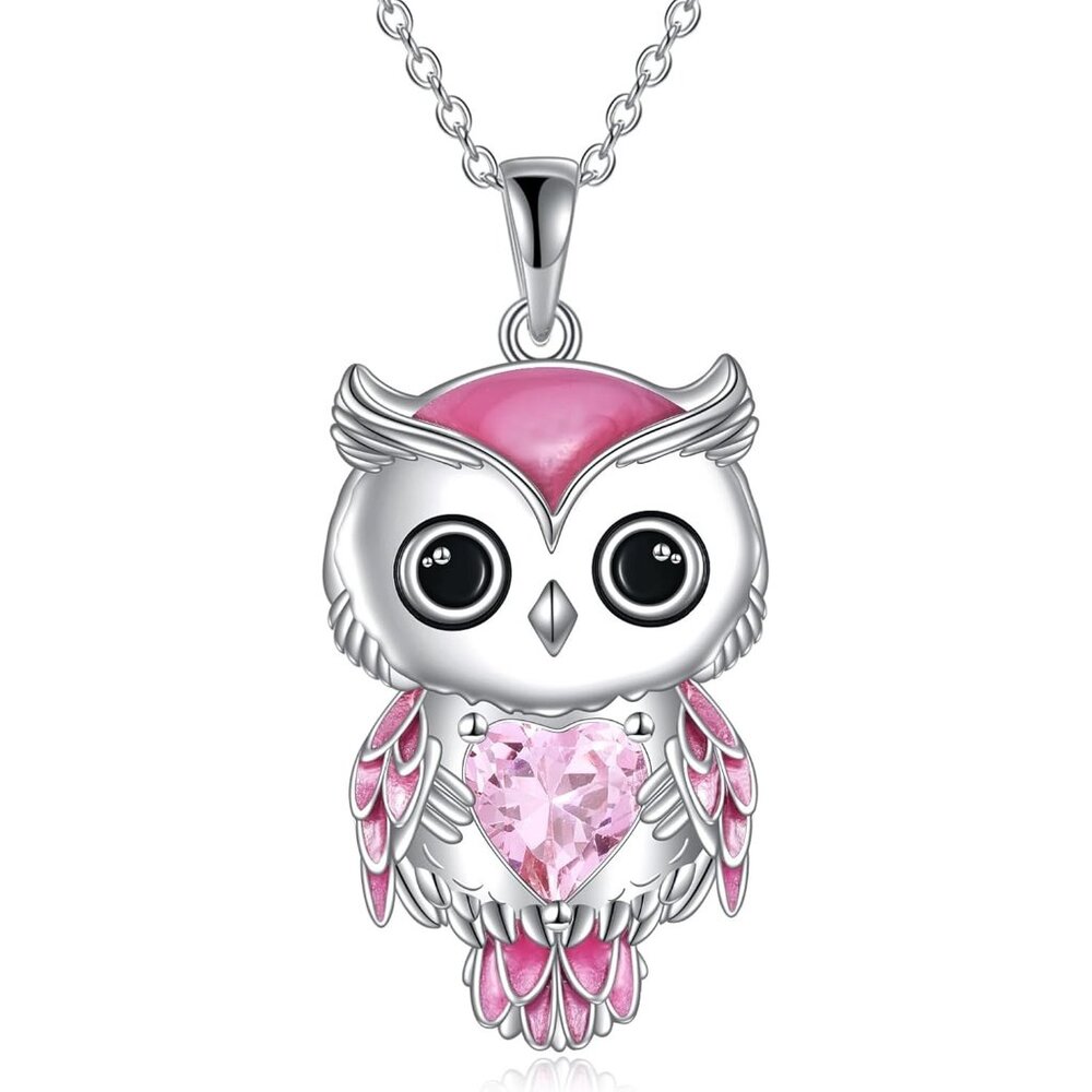 Women's Pink Sterling Silver Birthstone Cubic Zirconia Pendant Owl Necklace